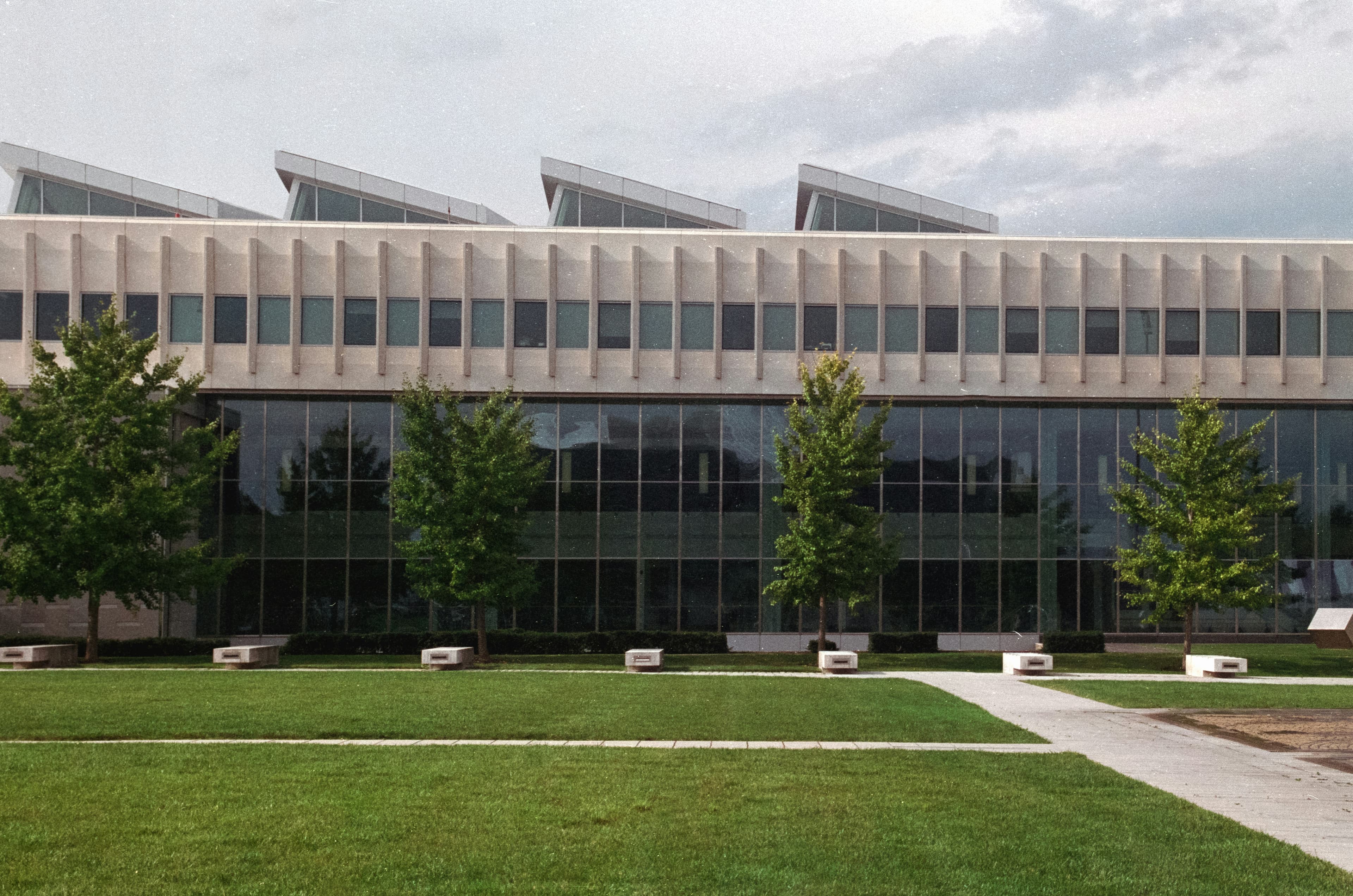 College building surrounded by grass and plants
